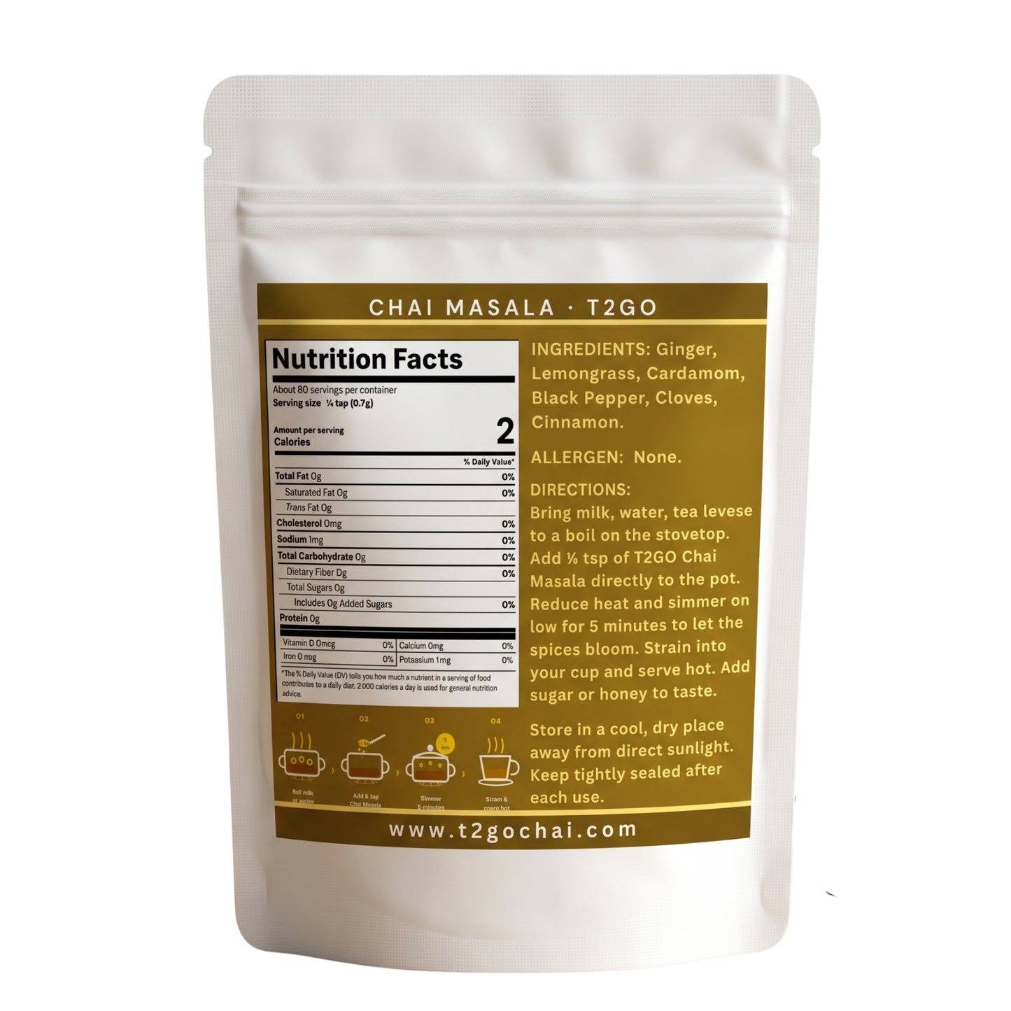 Back of the T2GO Lemongrass Chai Masala 2 oz pouch showing nutrition facts and ingredients