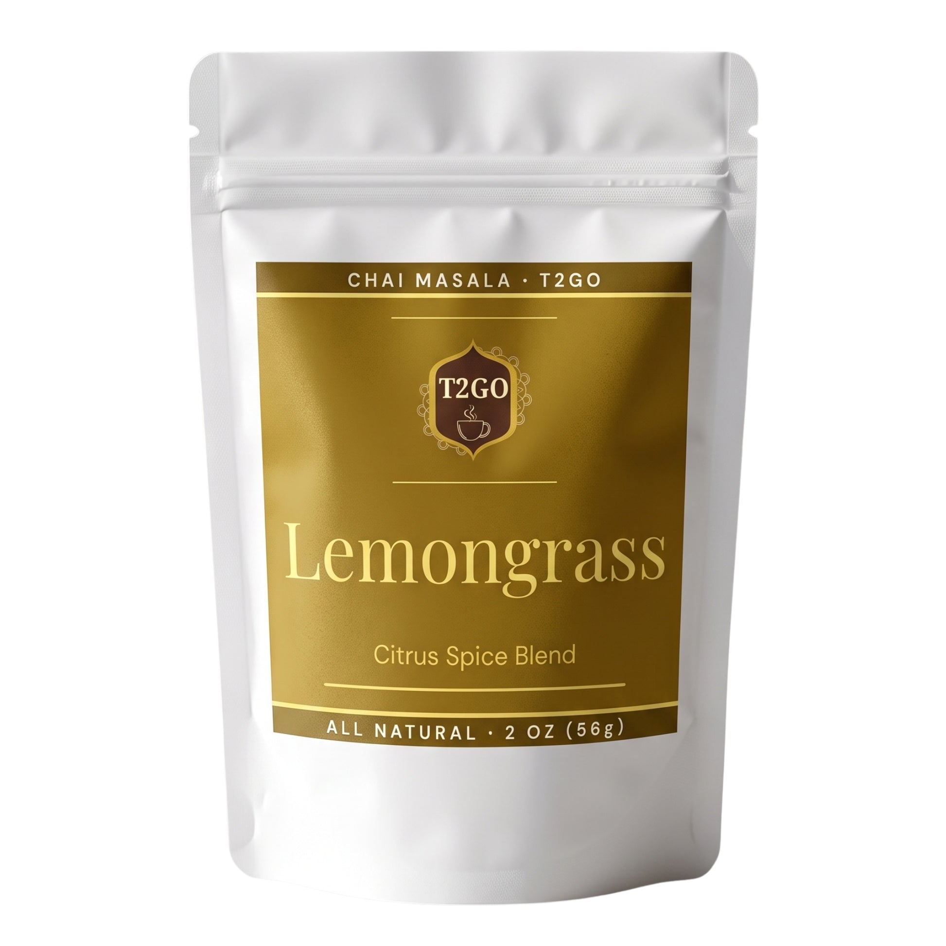 Front of the T2GO Lemongrass Chai Masala 2 oz pouch, an all-natural citrus chai spice blend
