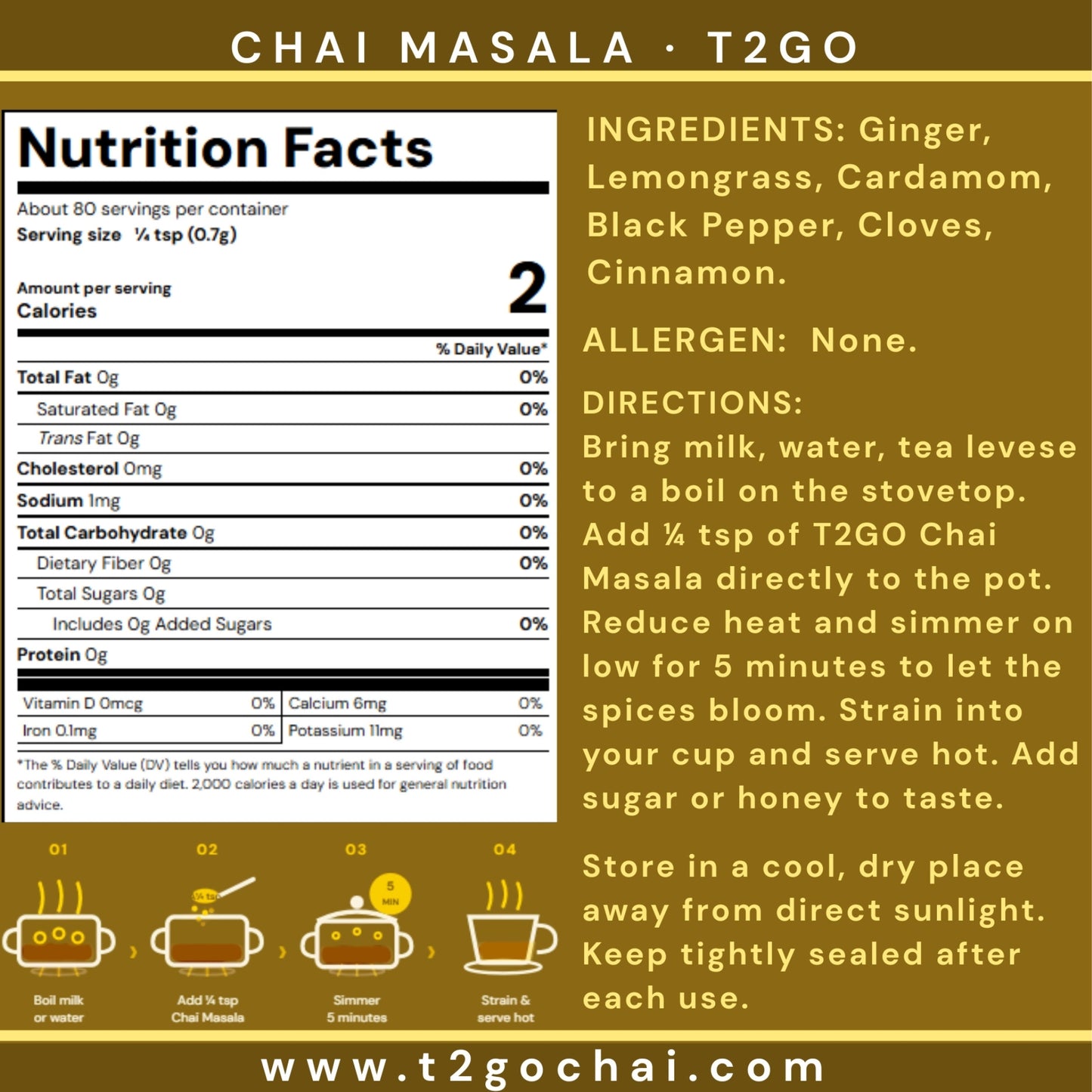 T2GO Lemongrass Chai Masala label with nutrition facts, ingredients and brewing directions