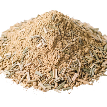 Close-up of T2GO Lemongrass Chai Masala powder flecked with dried lemongrass pieces