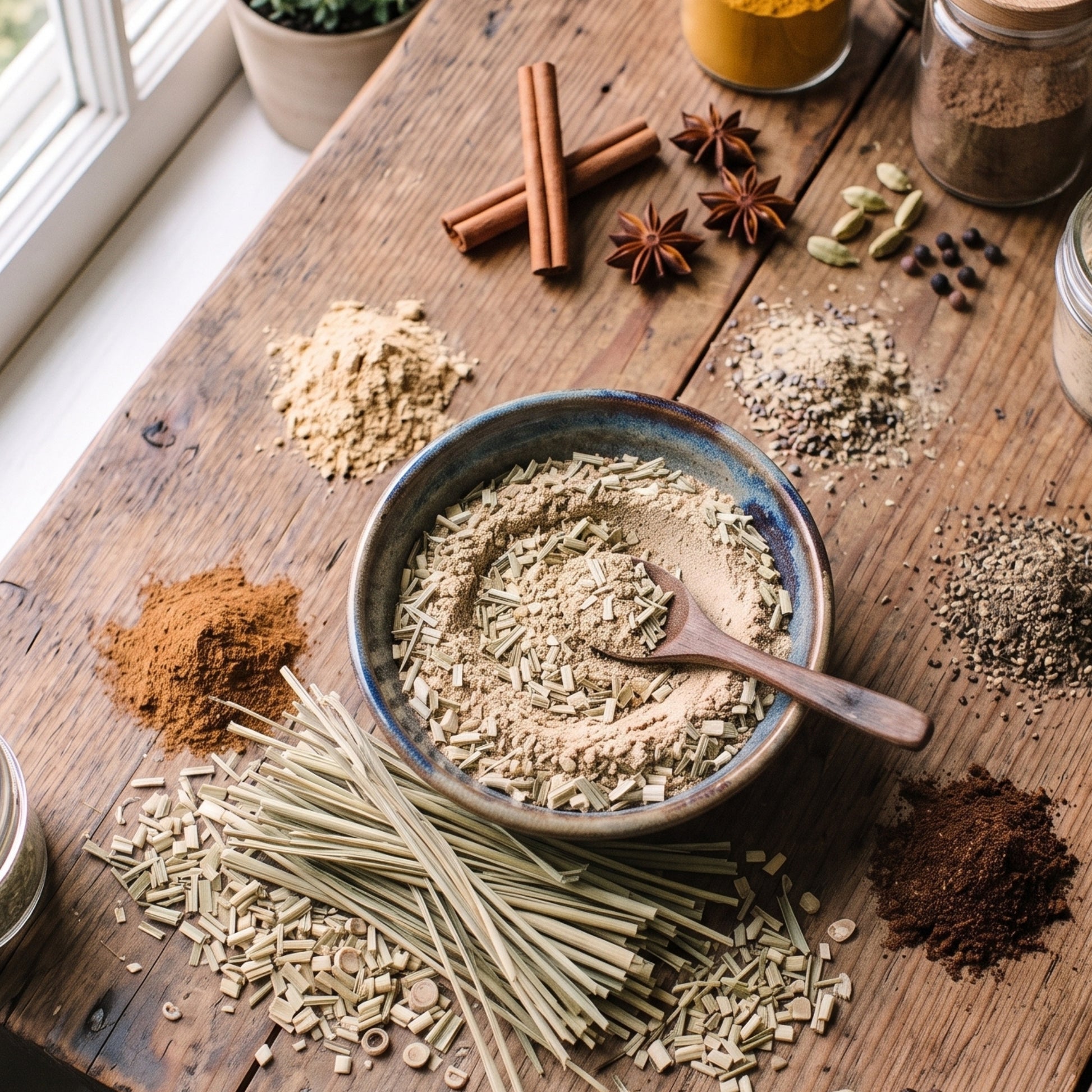 T2GO Lemongrass Chai Masala in a bowl surrounded by cinnamon, star anise, cardamom, pepper and fresh lemongrass