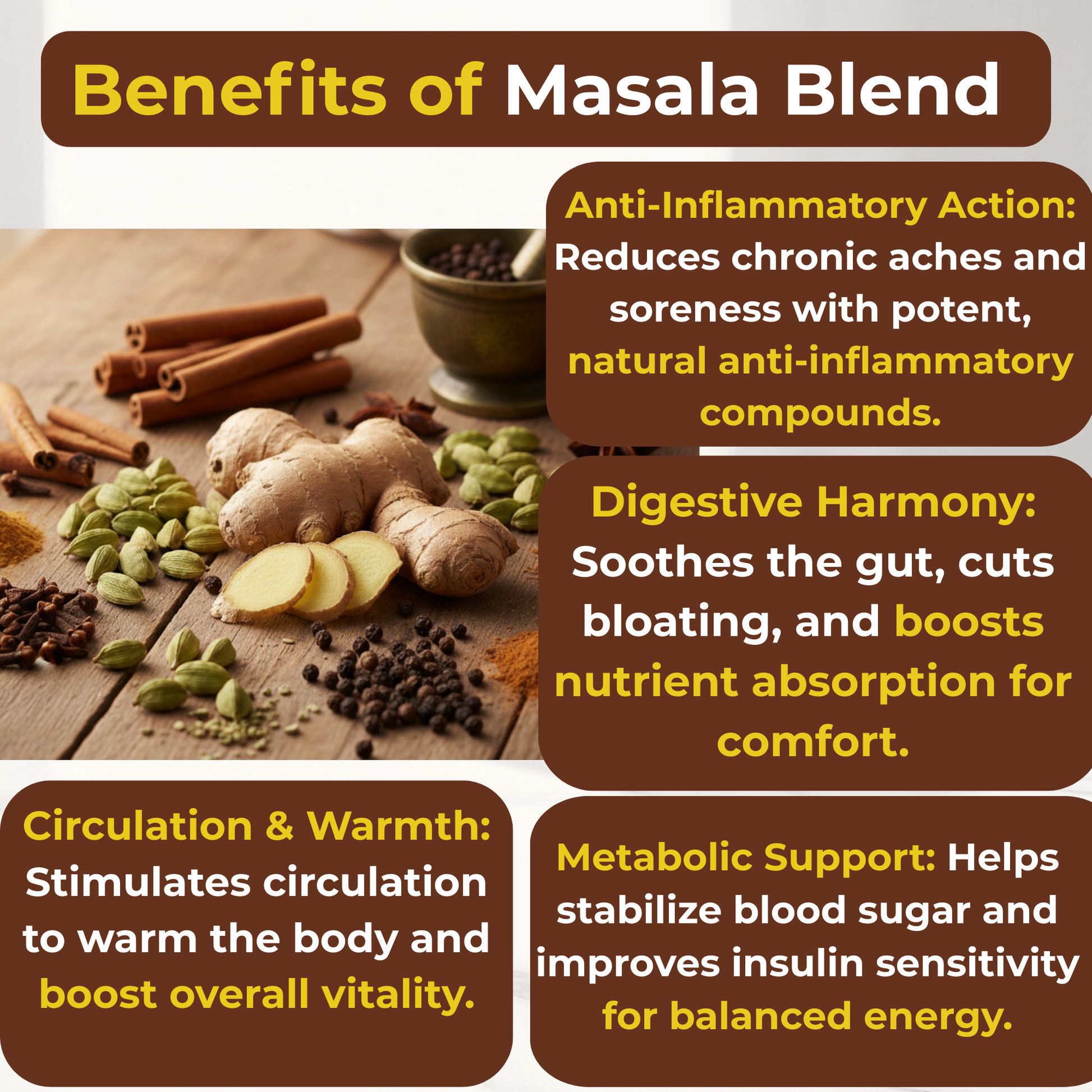 Benefits of T2GO Masala Blend infographic: Highlights anti-inflammatory action for chronic aches, digestive harmony to reduce bloating, and metabolic support to stabilize blood sugar and improve insulin sensitivity.