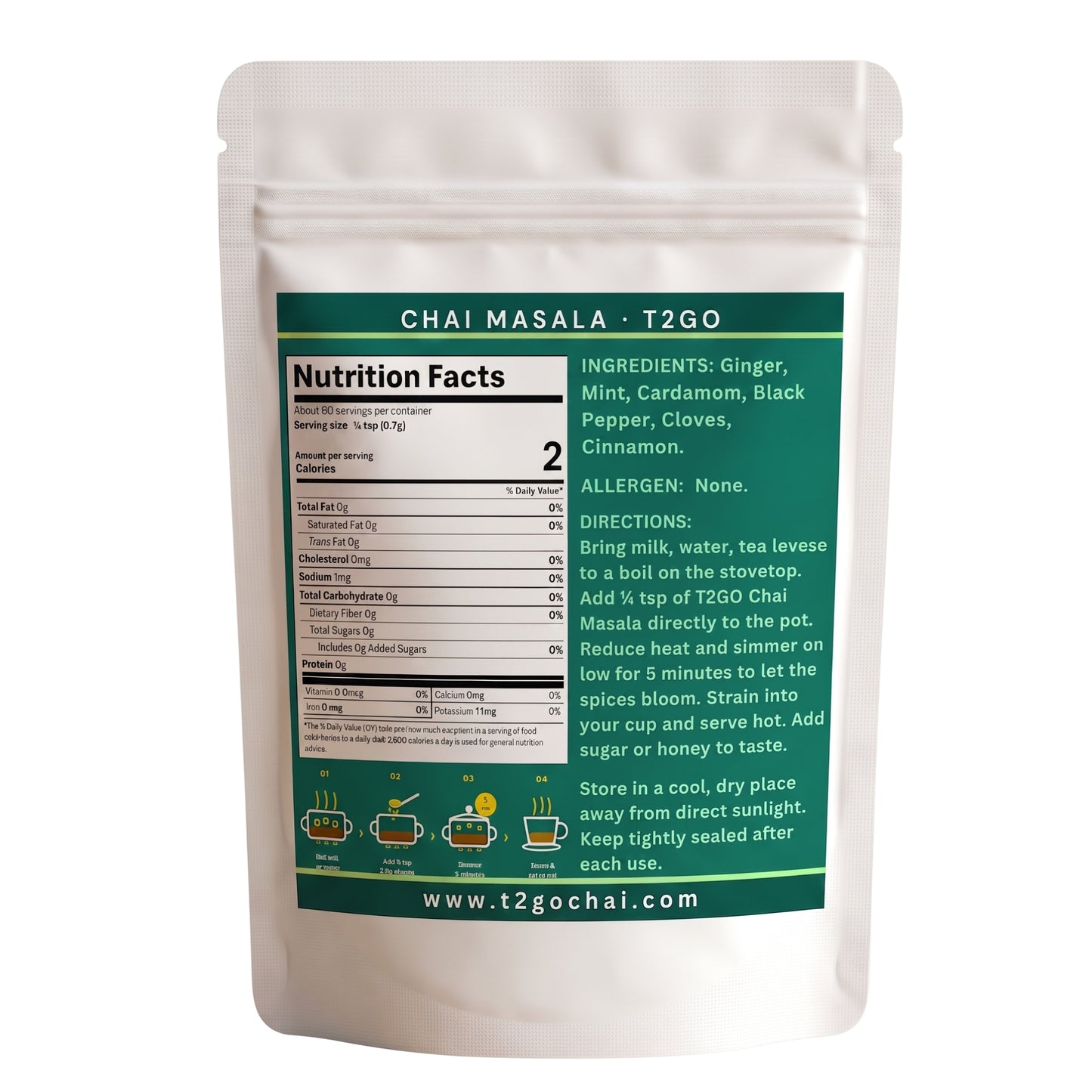 Back of the T2GO Mint Chai Masala 2 oz pouch showing nutrition facts and ingredients