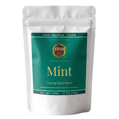 Front of the T2GO Mint Chai Masala 2 oz pouch, an all-natural cooling mint chai spice blend