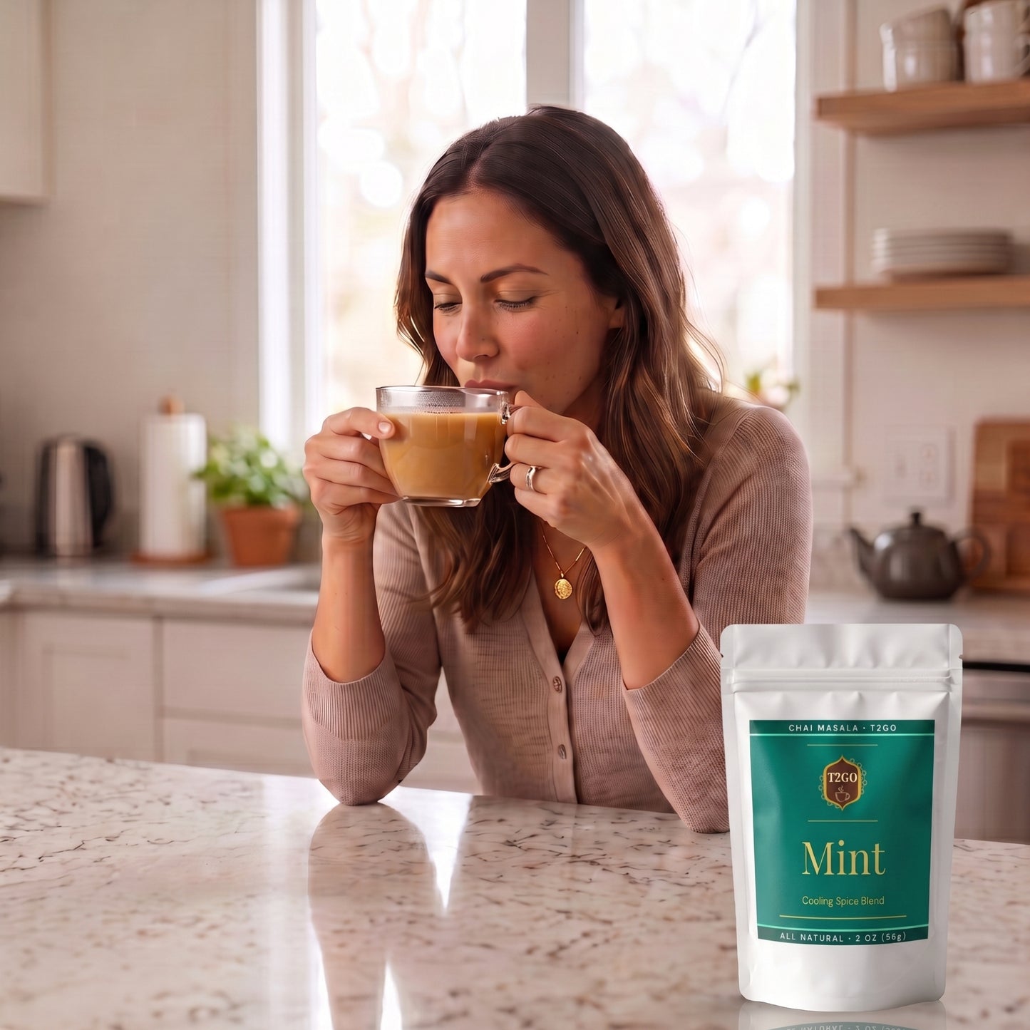 Woman sipping mint masala chai in a bright kitchen next to a T2GO Mint Chai Masala pouch