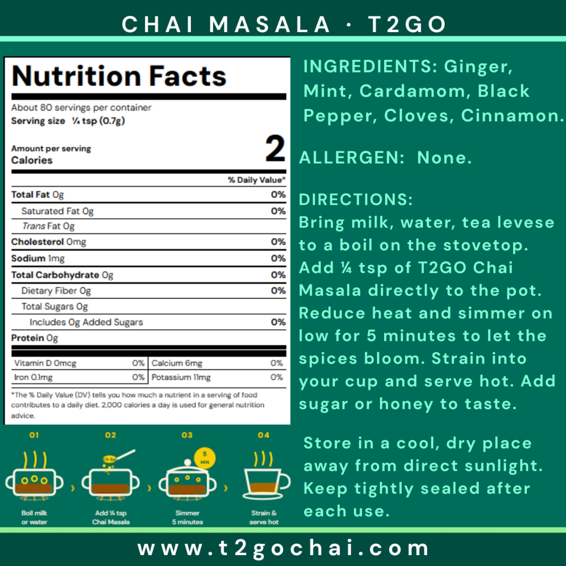T2GO Mint Chai Masala label with nutrition facts, ingredients and brewing 