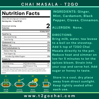 T2GO Mint Chai Masala label with nutrition facts, ingredients and brewing 