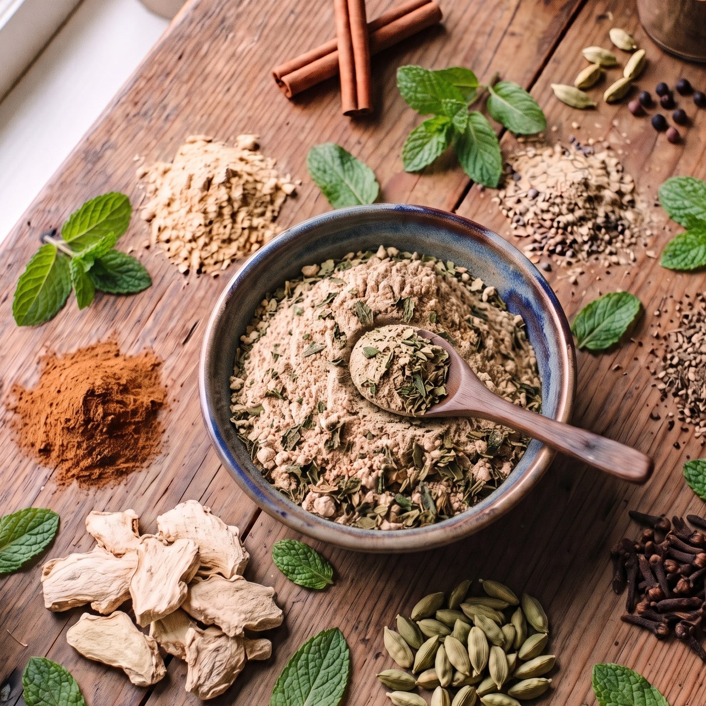 T2GO Mint Chai Masala in a bowl surrounded by cinnamon, cardamom, cloves, ginger and fresh mint