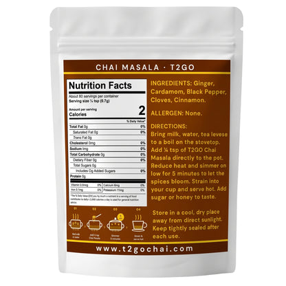 Back of the T2GO Original Chai Masala 2 oz pouch showing nutrition facts and ingredients
