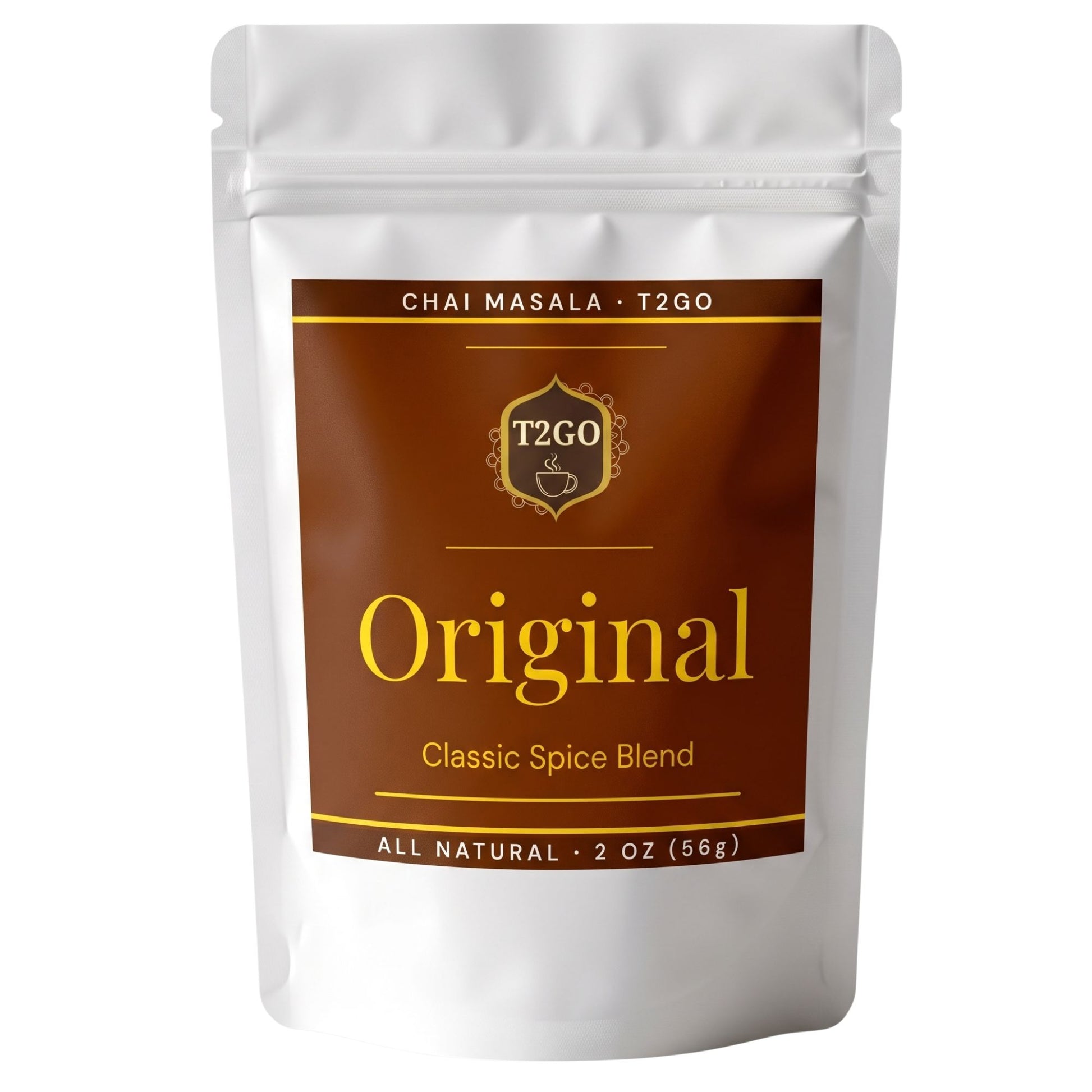 Front of the T2GO Original Chai Masala 2 oz pouch, an all-natural classic chai spice blend