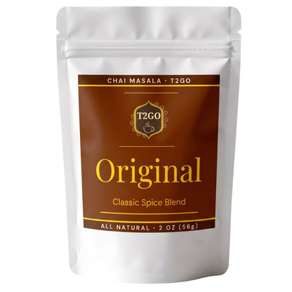 Front of the T2GO Original Chai Masala 2 oz pouch, an all-natural classic chai spice blend