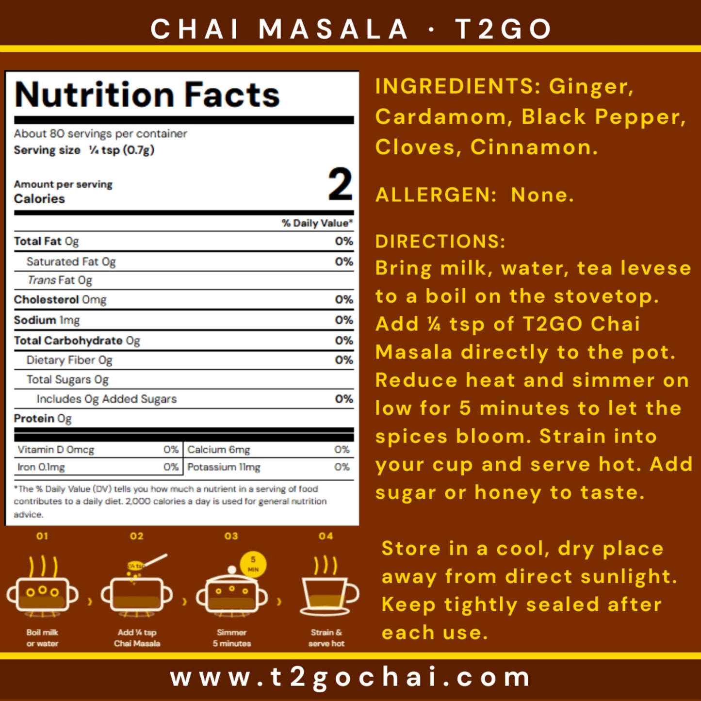 T2GO Original Chai Masala label with nutrition facts, ingredients and brewing directions