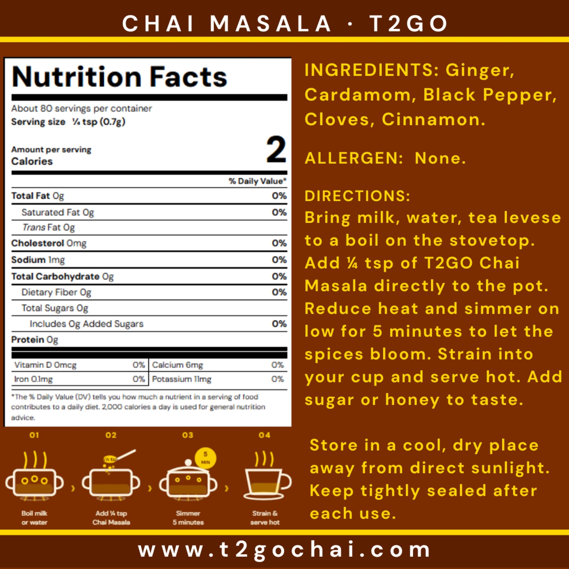 T2GO Original Chai Masala label with nutrition facts, ingredients and brewing directions