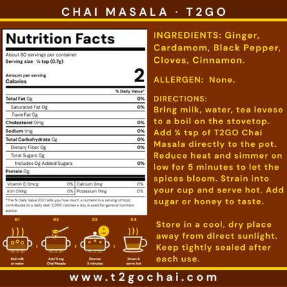 T2GO Original Chai Masala label with nutrition facts, ingredients and brewing directions