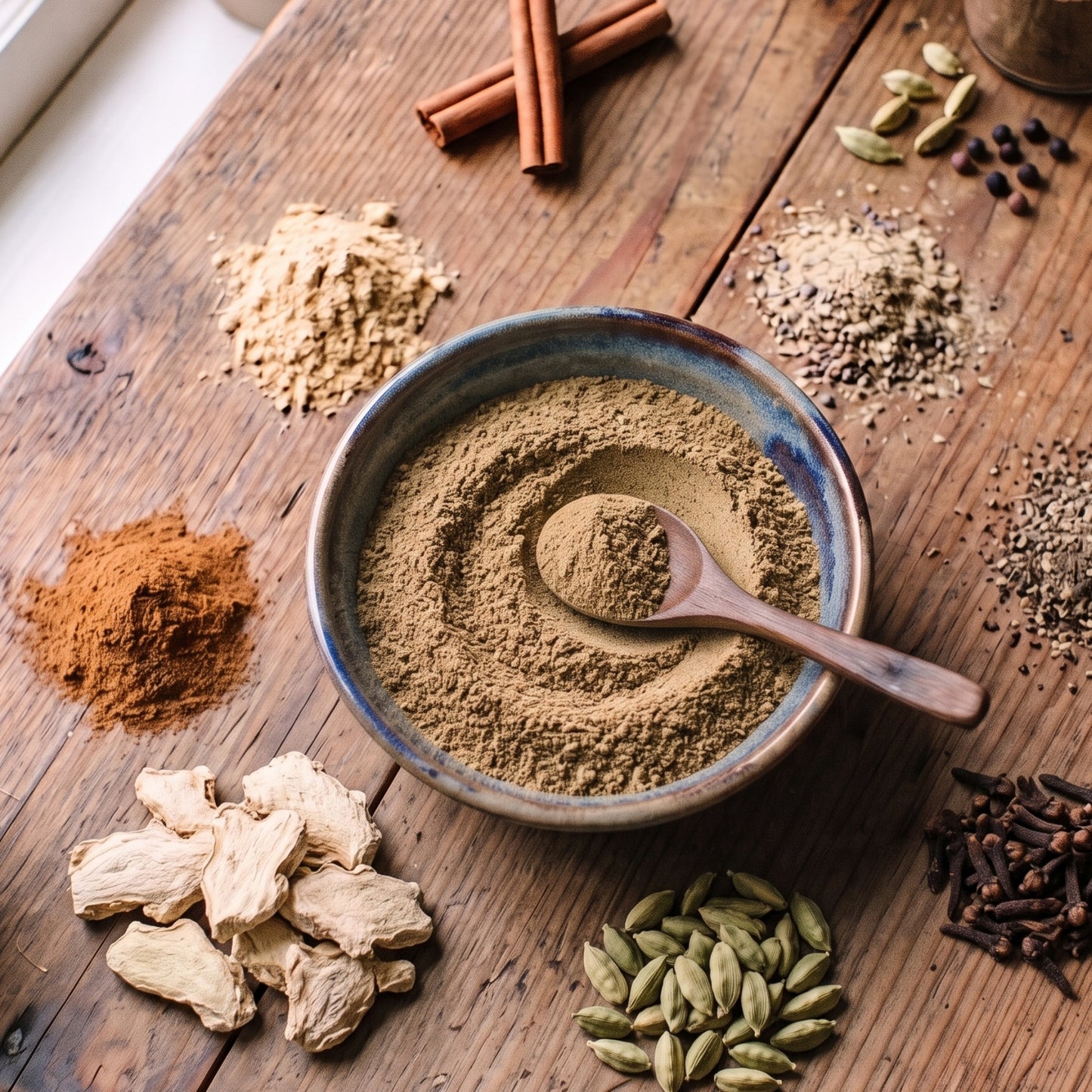 T2GO Original Chai Masala in a bowl surrounded by cinnamon, star anise, cardamom, cloves and ginger
