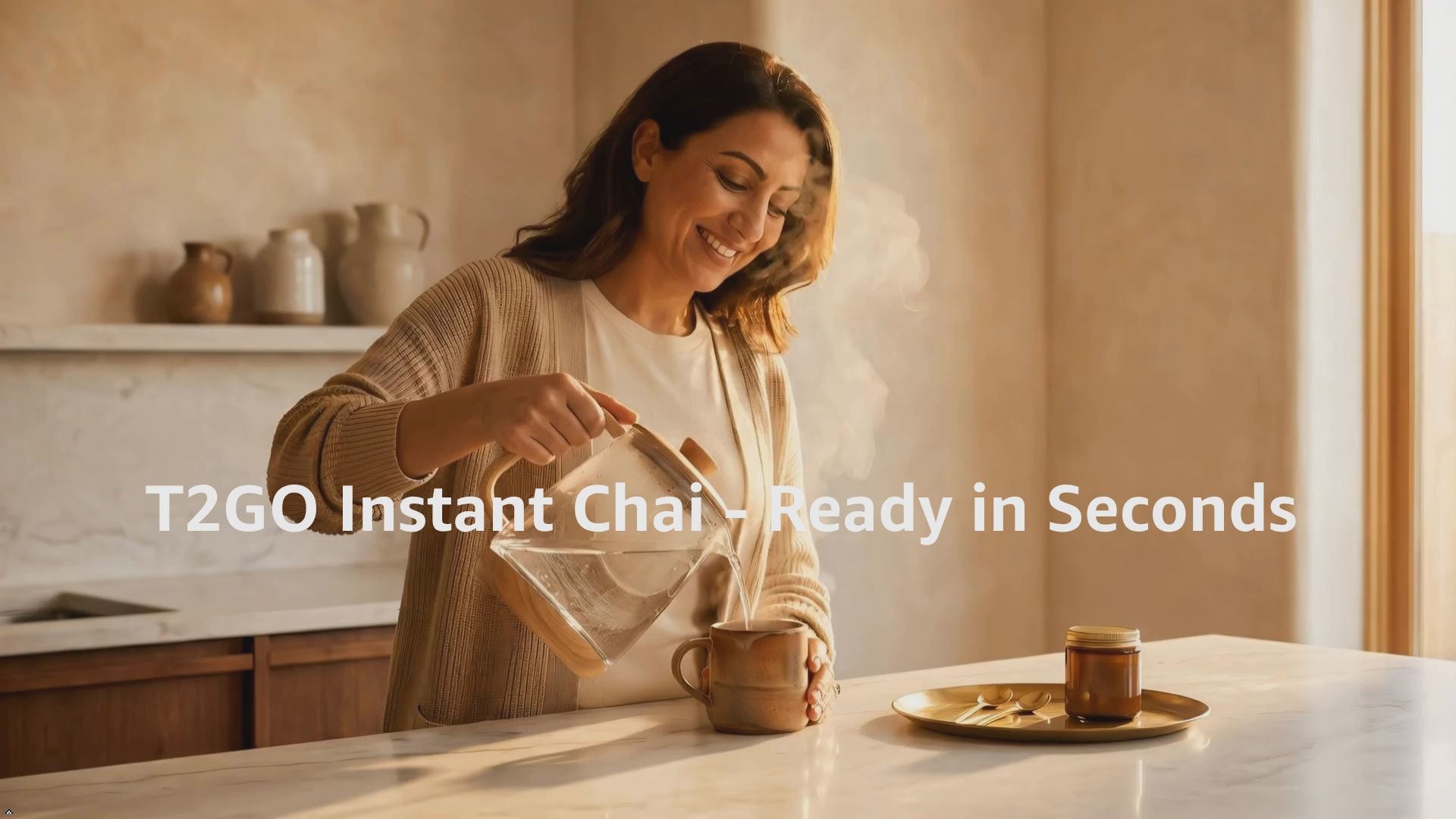 Load video: A happy woman smiling with relief while enjoying a hot cup of T2GO Masala Instant Chai Latte. She is adding milk to her authentic Indian tea mix for a creamy café-style finish. High-quality ginger, cardamom, and cinnamon spices are visible, showing the natural ingredients of this premium chai powder.