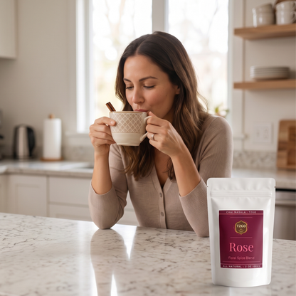 Woman sipping rose masala chai in a bright kitchen beside a T2GO Rose Chai Masala pouch