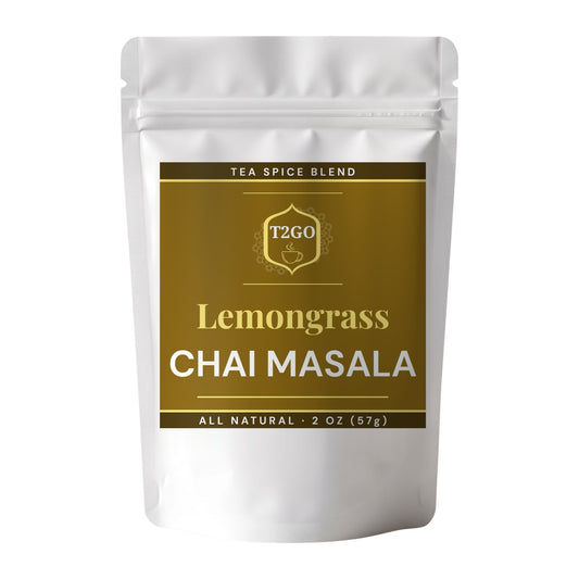 Lemongrass chai masala spice blend in a 2 oz pouch beside a pile of the real ground masala
