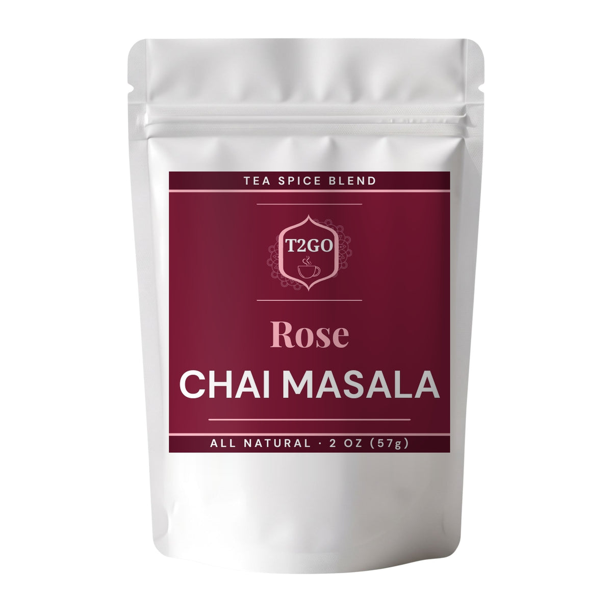 Rose chai masala spice blend in a 2 oz pouch beside a pile of the real ground masala