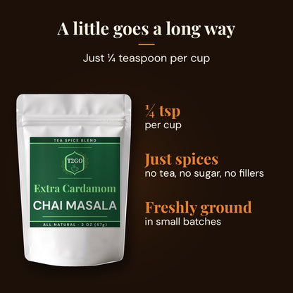 Extra Cardamom chai masala uses just ¼ teaspoon per cup, pure spices with no fillers
