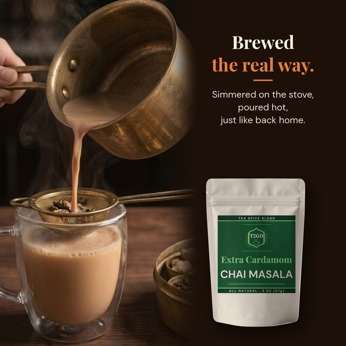 Pouring stovetop masala chai through a strainer, made with Extra Cardamom chai masala

