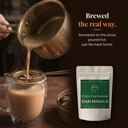 Pouring stovetop masala chai through a strainer, made with Extra Cardamom chai masala
