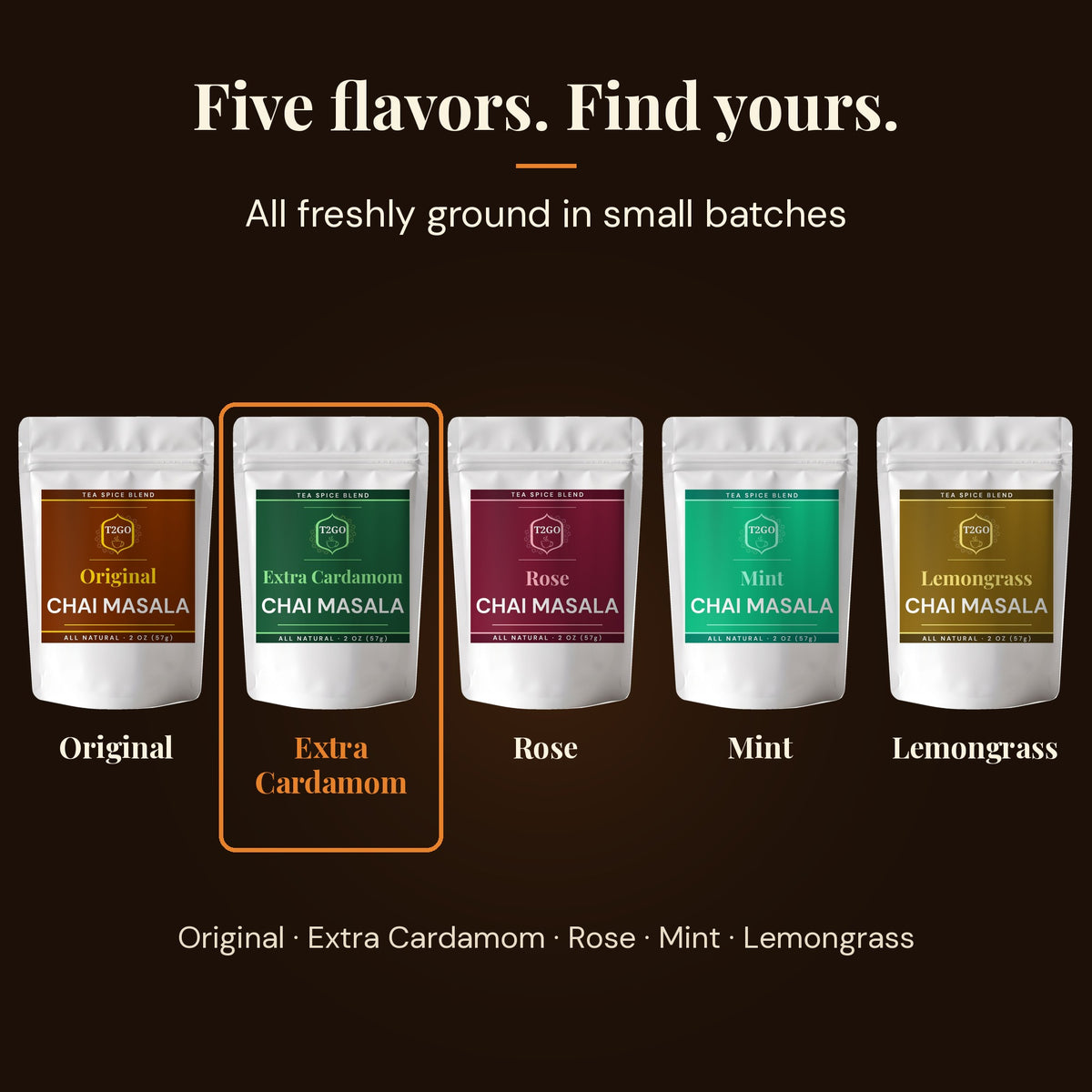 Five chai masala flavors: Original, Extra Cardamom, Rose, Mint and Lemongrass
