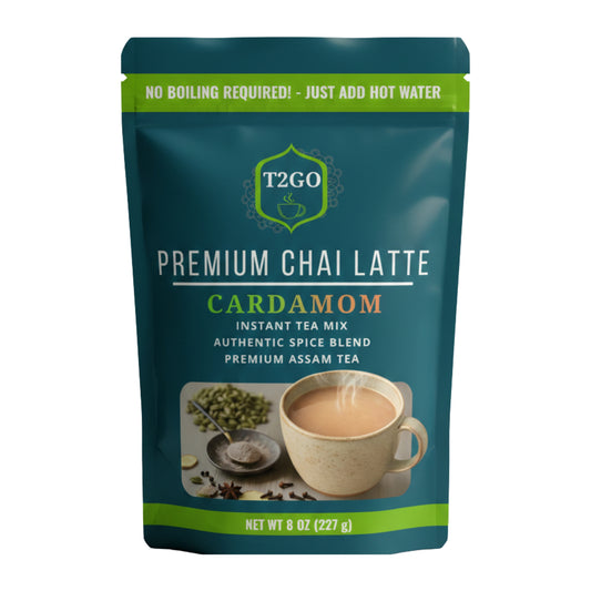 T2GO Premium Chai Latte Cardamom instant tea mix in an 8 oz teal resealable pouch
