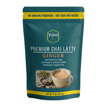 T2GO Premium Chai Latte Ginger instant tea mix in an 8 oz teal resealable pouch