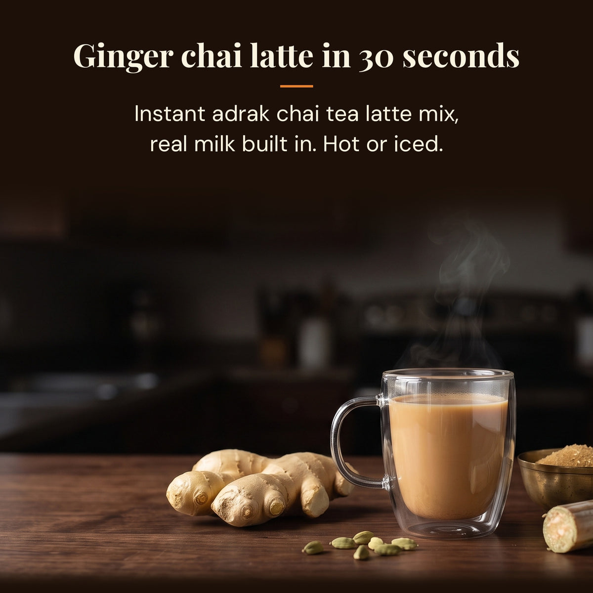 Instant ginger chai tea latte mix with milk built in, ready in 30 seconds, hot or iced