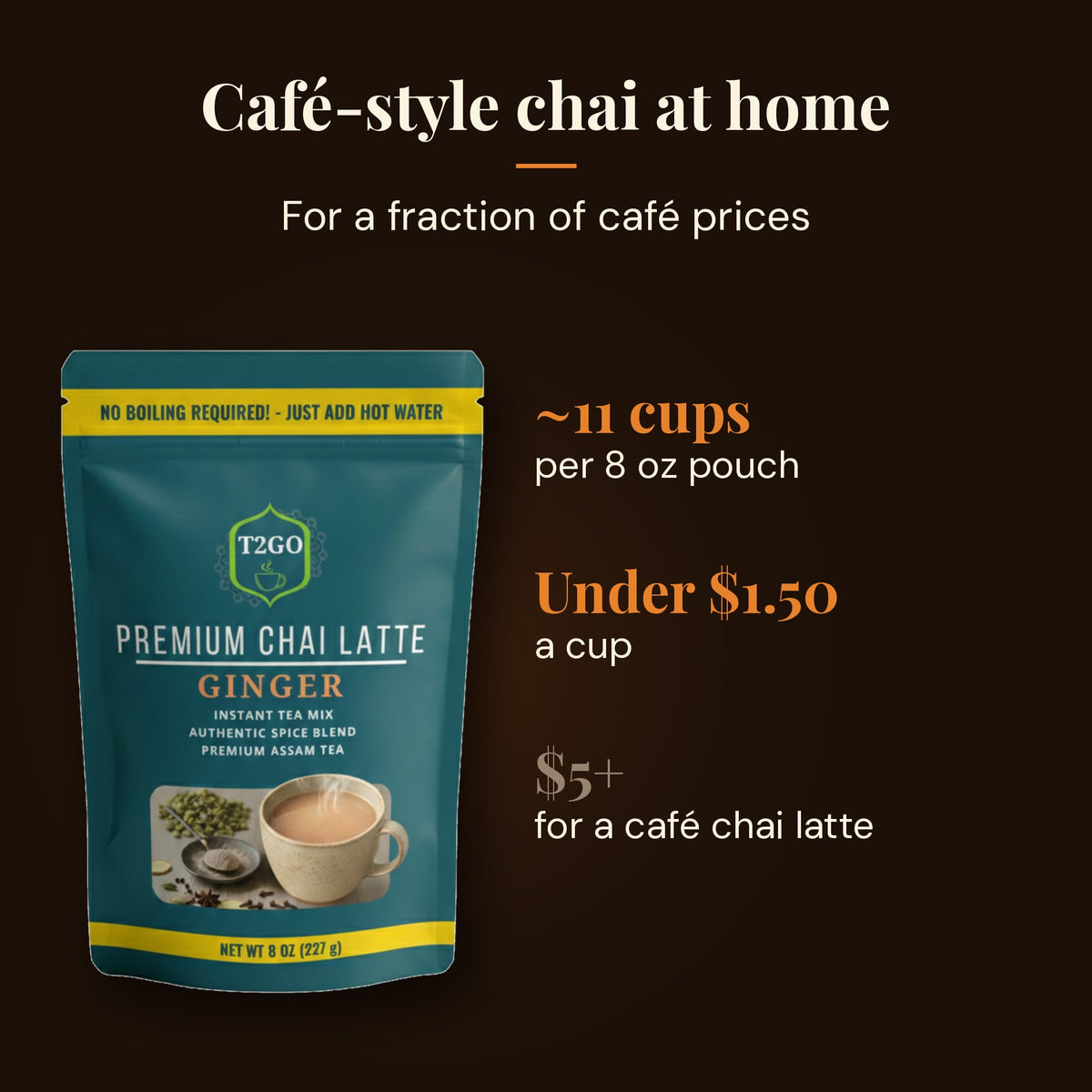 Cafe-style chai at home: about 11 cups per 8 oz pouch, under $1.50 a cup
