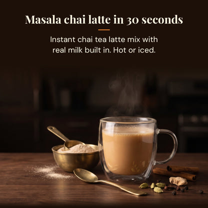 Instant masala chai tea latte mix with milk built in, ready in 30 seconds, hot or iced
