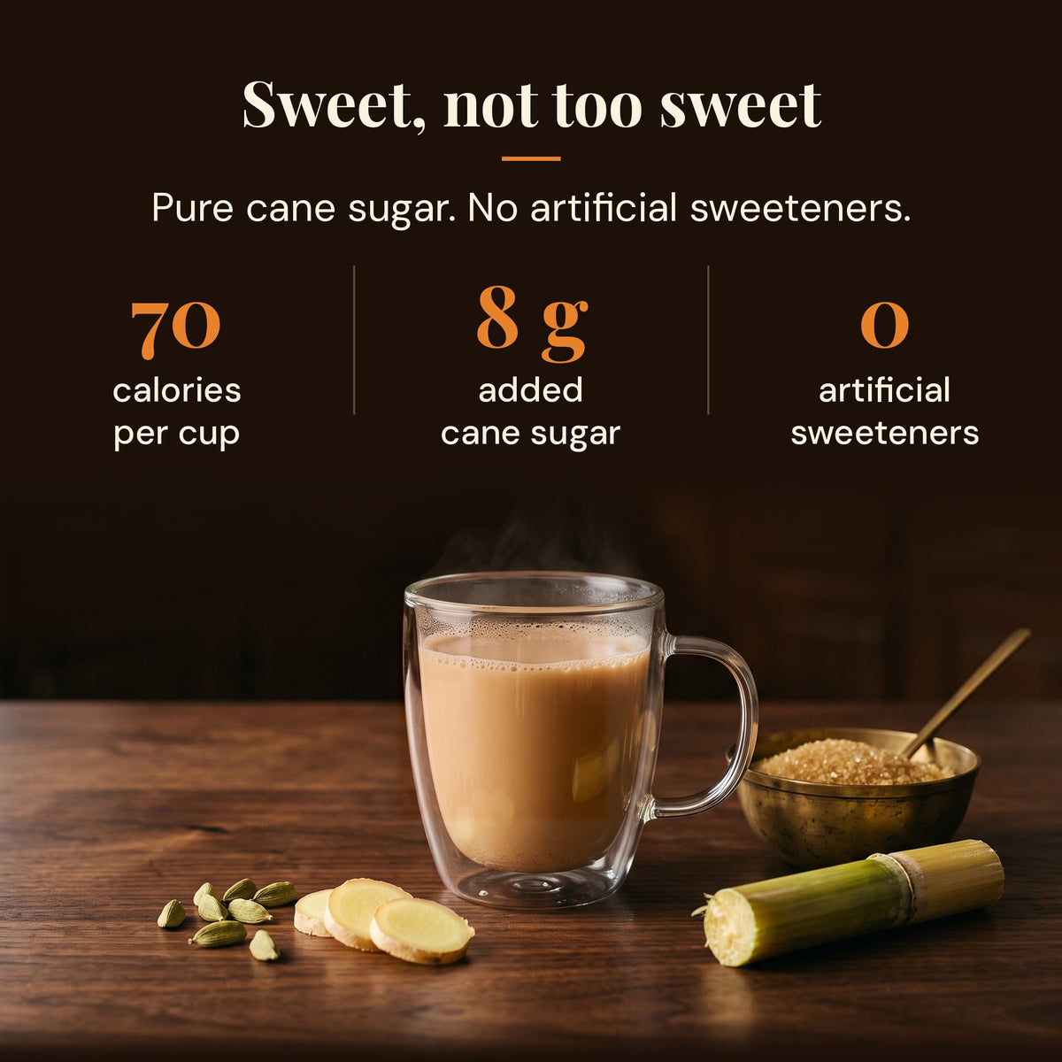 Sweetened with pure cane sugar: 70 calories and 8 g added sugar per cup, no artificial sweeteners
