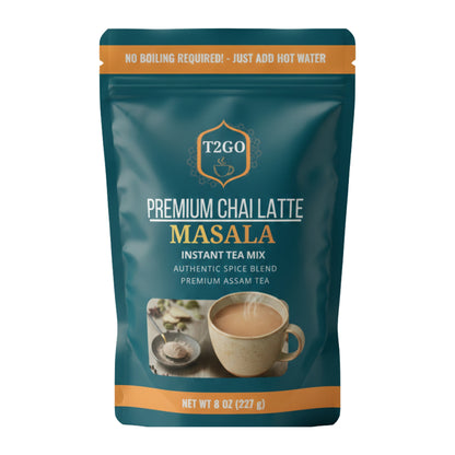T2GO Premium Chai Latte Masala instant tea mix in an 8 oz teal resealable pouch
