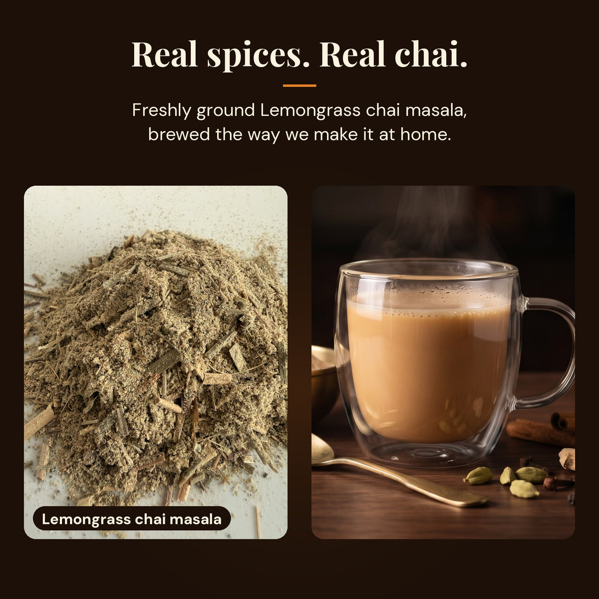 Close-up of freshly ground Lemongrass chai masala next to a mug of homemade masala chai