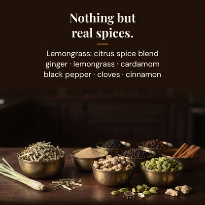 Whole spices used in Lemongrass chai masala: ginger, lemongrass, cardamom, black pepper, cloves and cinnamon