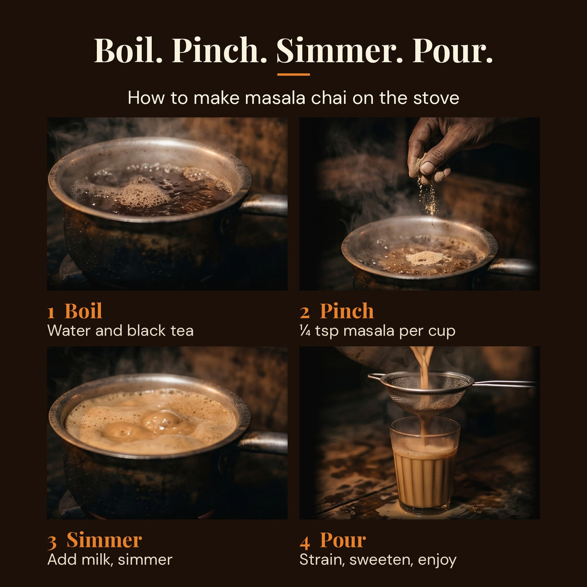 How to make masala chai on the stove with chai masala in four steps
