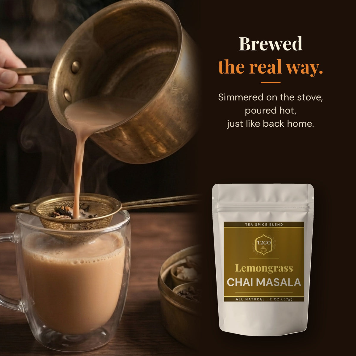 Pouring stovetop masala chai through a strainer, made with Lemongrass chai masala