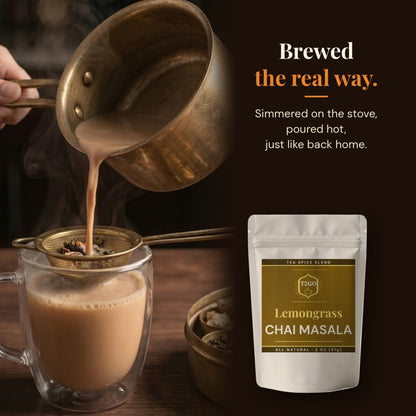 Pouring stovetop masala chai through a strainer, made with Lemongrass chai masala