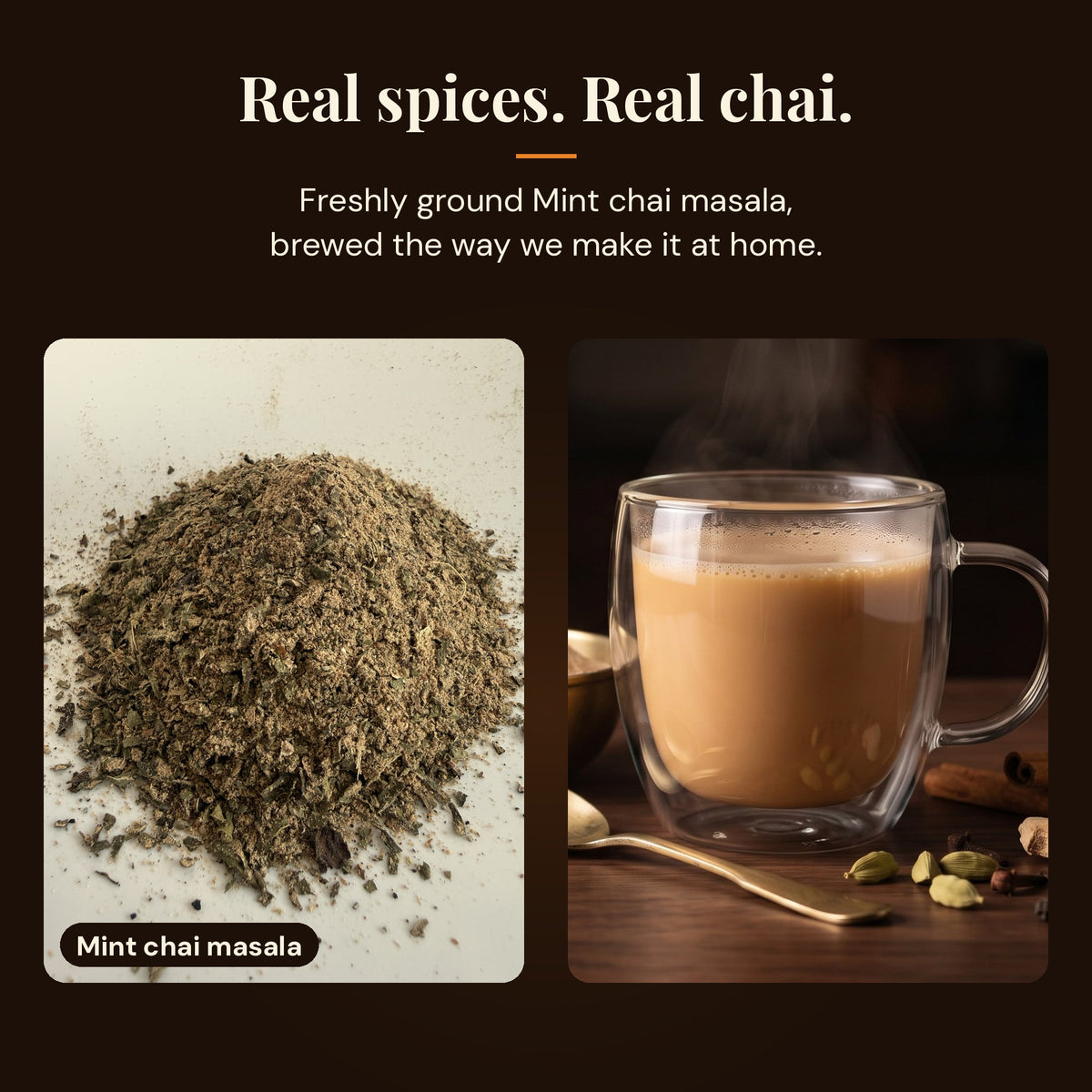 Close-up of freshly ground Mint chai masala next to a mug of homemade masala chai