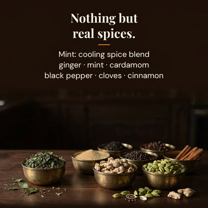 Whole spices used in Mint chai masala: ginger, mint, cardamom, black pepper, cloves and cinnamon