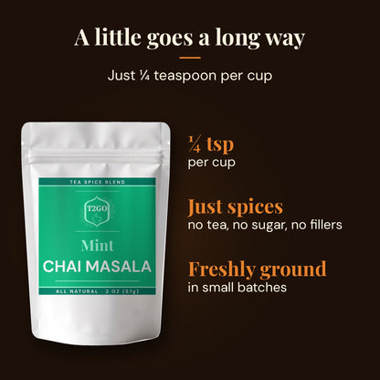 Mint chai masala uses just ¼ teaspoon per cup, pure spices with no fillers
