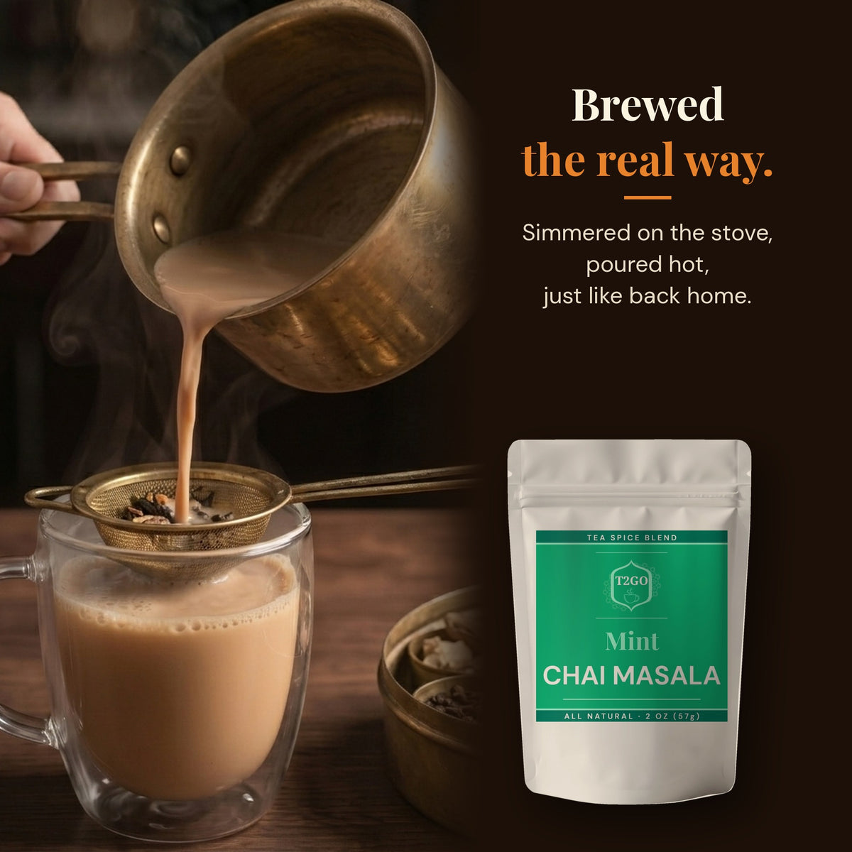 Pouring stovetop masala chai through a strainer, made with Mint chai masala