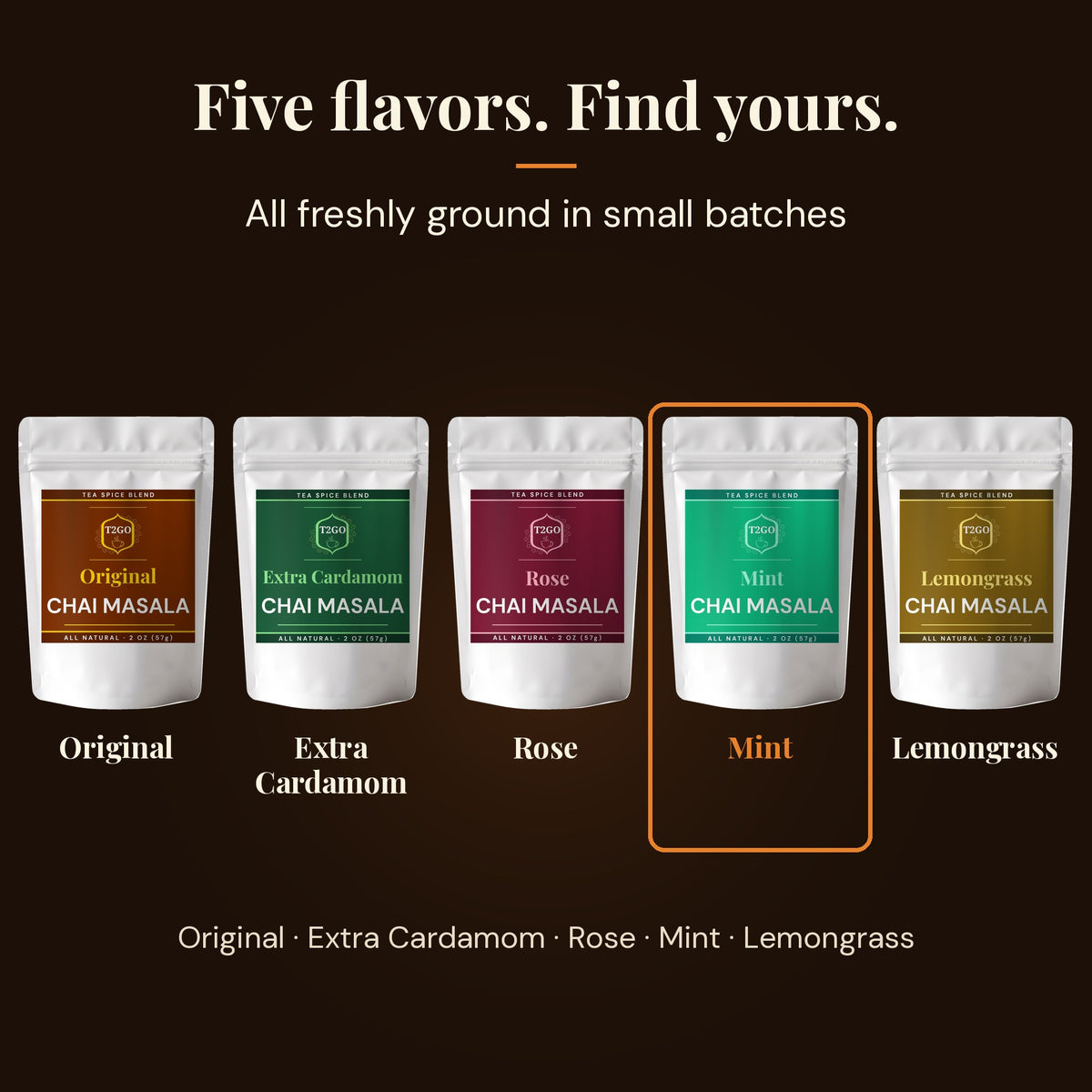 Five chai masala flavors: Original, Extra Cardamom, Rose, Mint and Lemongrass