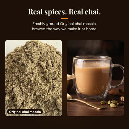 Close-up of freshly ground Original chai masala next to a mug of homemade masala chai
