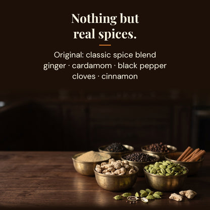 Whole spices used in Original chai masala: ginger, cardamom, black pepper, cloves and cinnamon