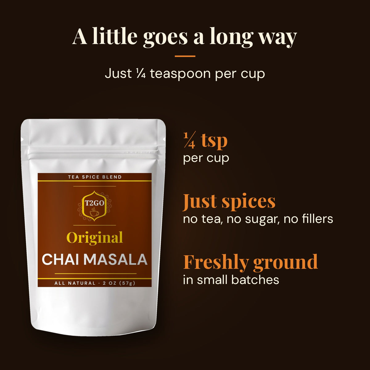 Original chai masala uses just ¼ teaspoon per cup, pure spices with no fillers