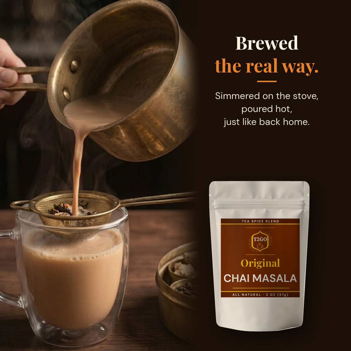 Pouring stovetop masala chai through a strainer, made with Original chai masala