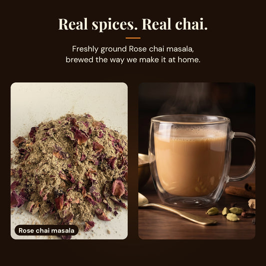 Close-up of freshly ground Rose chai masala next to a mug of homemade masala chai