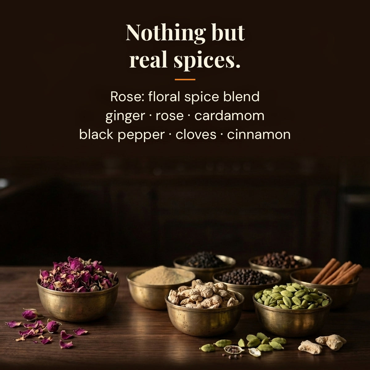 Whole spices used in Rose chai masala: ginger, rose, cardamom, black pepper, cloves and cinnamon